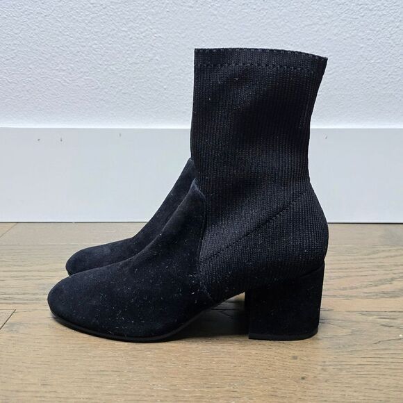 Eileen Fisher Knolls Suede & Recycled Stretch Knit Sock Block Heel Boot in Black - Picture 4 of 12